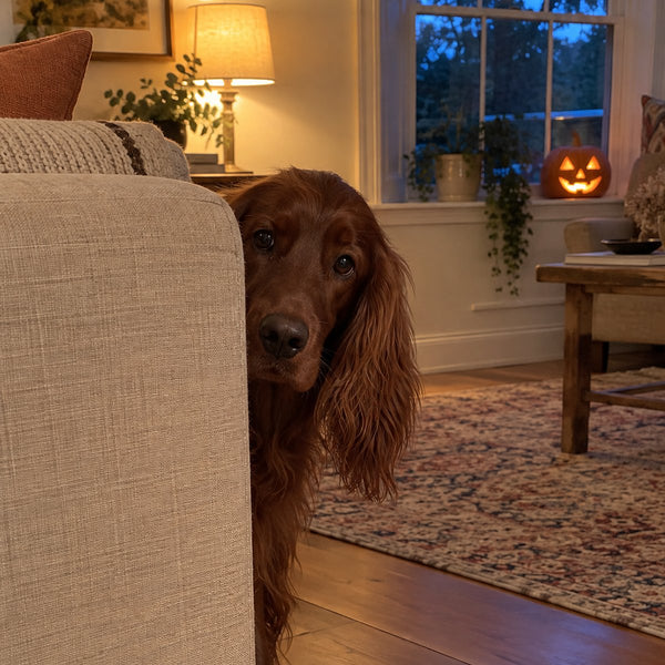 A red setter peeks out from behind a couch in a living room at dusk