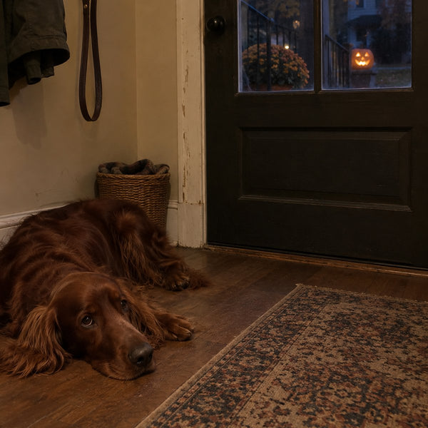 A red setter lies on the hallway floor near the front door at dusk