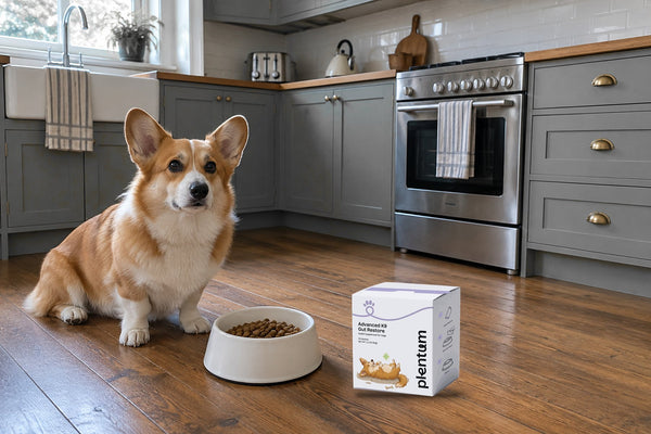 A corgi sits by a bowl of kibble on a kitchen floor next to a box of Gut Restore