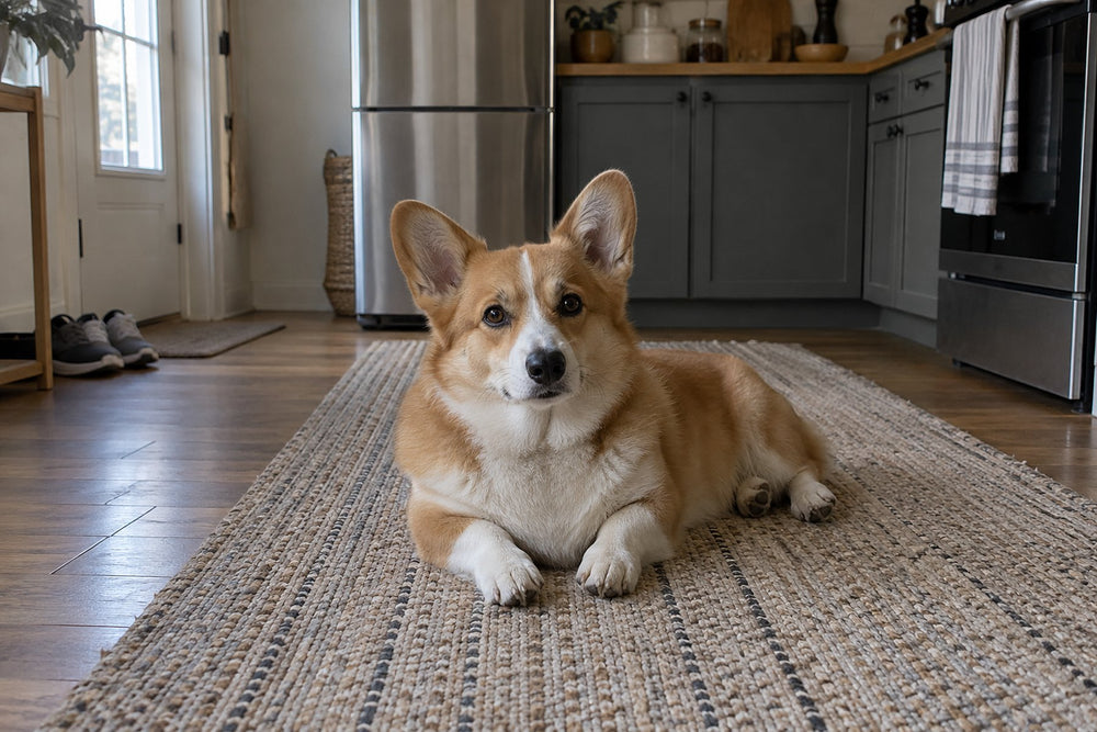 A corgi lies on a woven rug in a home kitchen and looks toward the camera