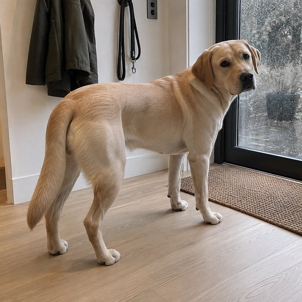 A yellow Labrador sits at a glass back door and looks over its shoulder
