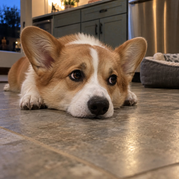 A corgi lies with its chin on a tiled kitchen floor