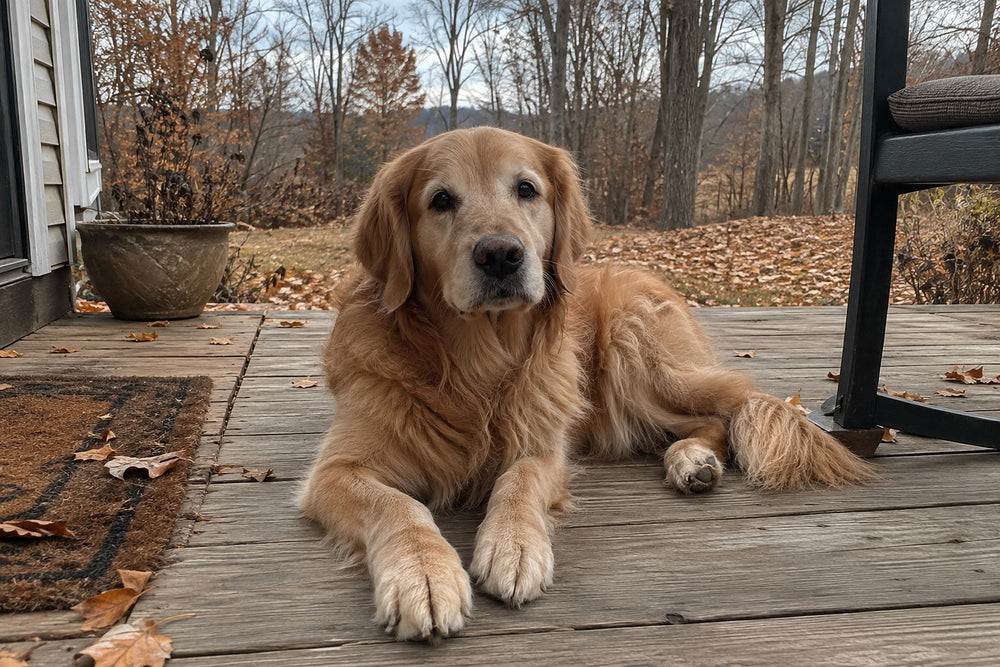 A golden retriever lies on a weathered porch deck among fallen autumn leaves and looks toward the camera