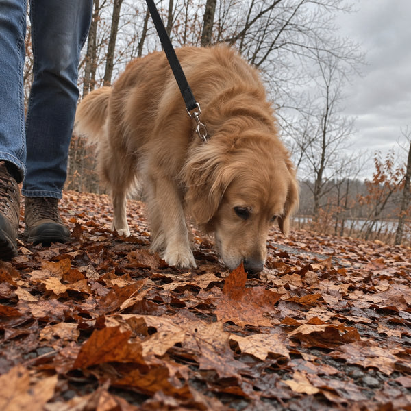 A golden retriever on a leash sniffs a path covered in wet autumn leaves beside its owner's boots