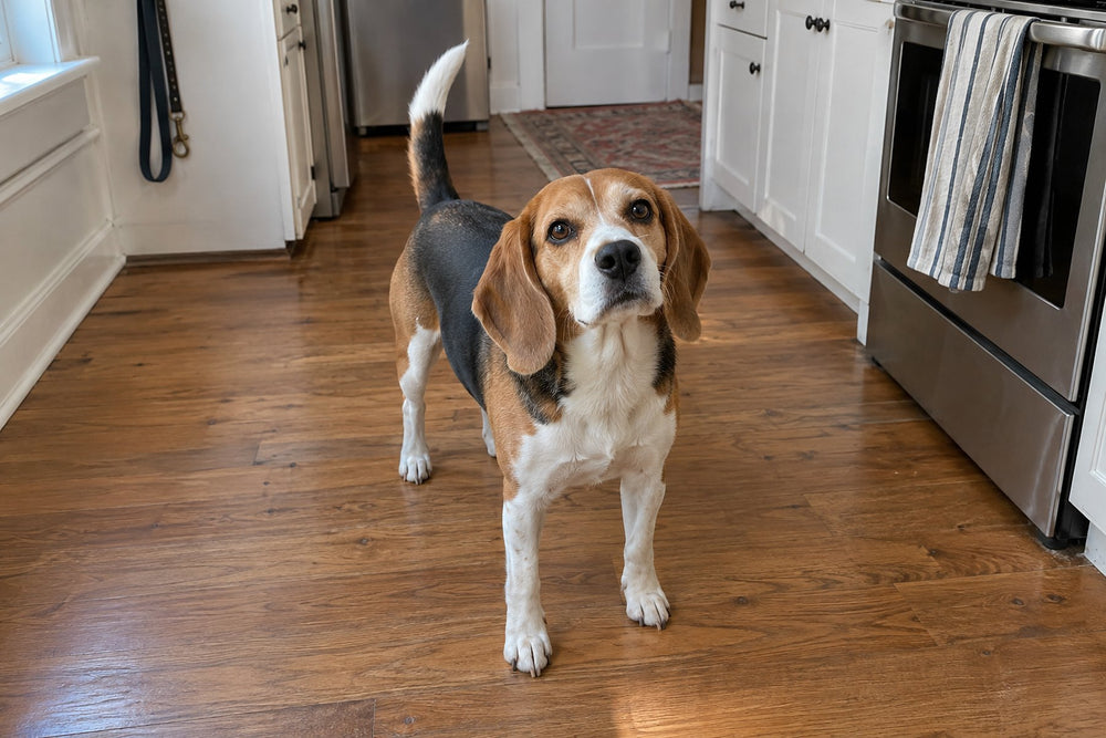 A beagle stands on a wood kitchen floor and looks up toward the camera