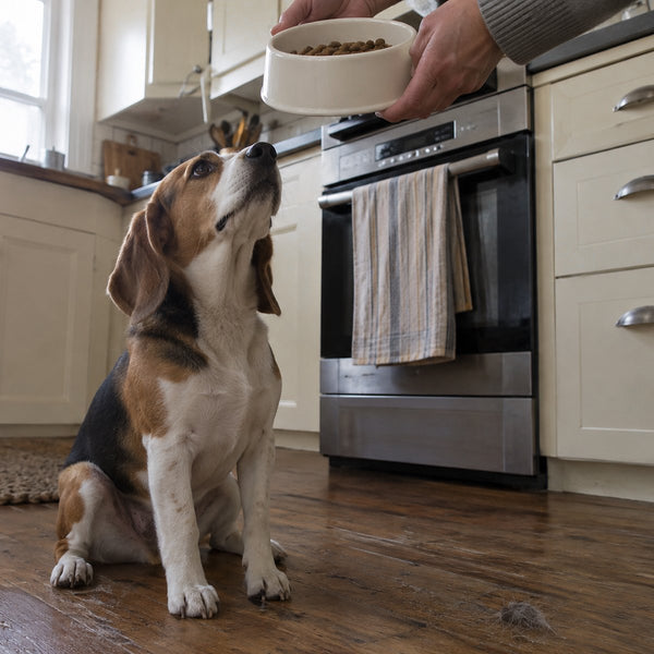 A beagle sits on a kitchen floor and looks up at a bowl of kibble held in an adult's hands