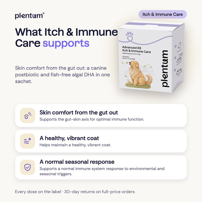 Advanced K9 Itch & Immune Care for dogs: key benefits (skin comfort from the gut out; a healthy, vibrant coat; a normal seasonal response)