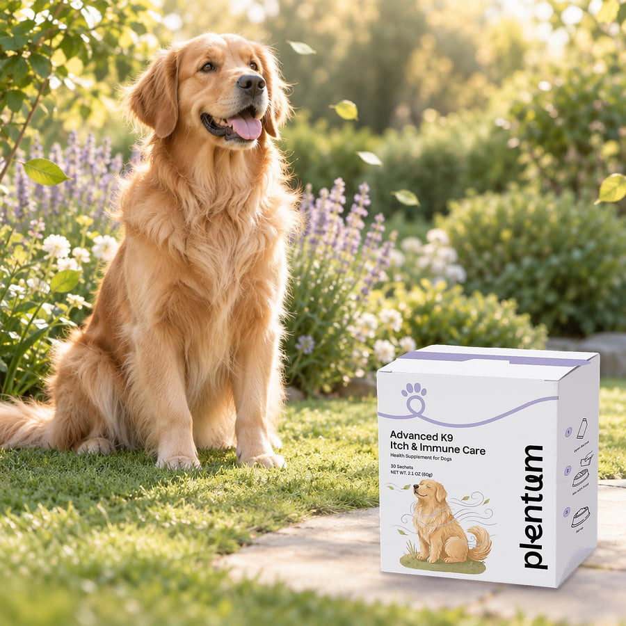 Golden retriever in a sunny garden breeze beside the Plentum Advanced K9 Itch & Immune Care box