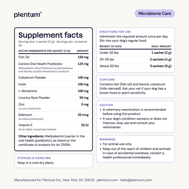 Advanced K9 Microbiome Care supplement facts label