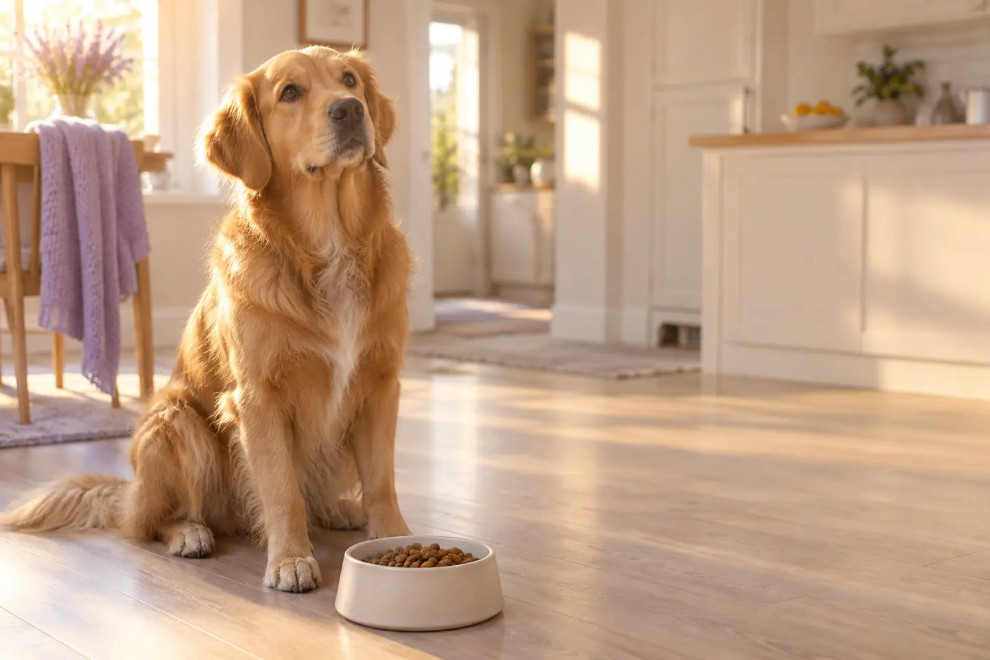 A golden retriever waits beside a bowl in morning light.