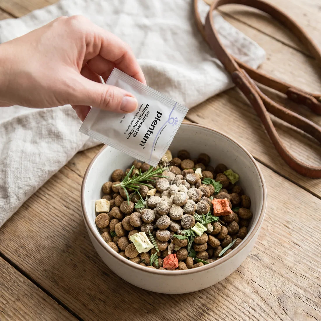 A hand pouring a Plentum Advanced K9 Microbiome Care sachet over a bowl of kibble