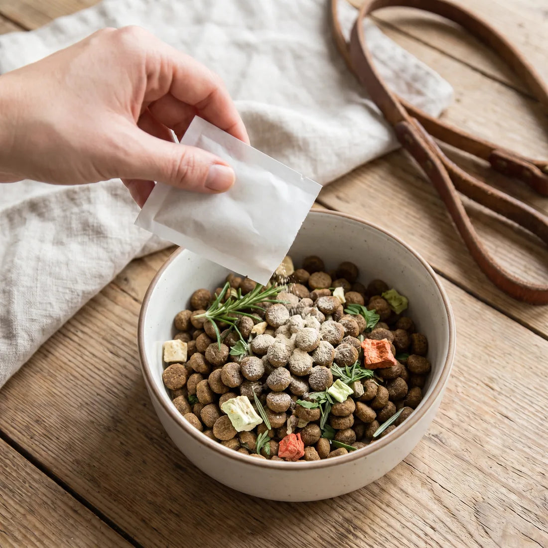 A hand pouring a Plentum sachet of powder over kibble in a ceramic bowl
