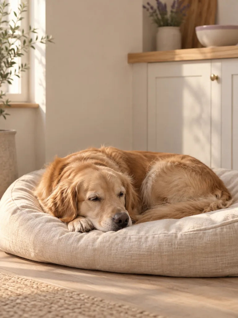 A calm golden retriever resting on a linen dog bed