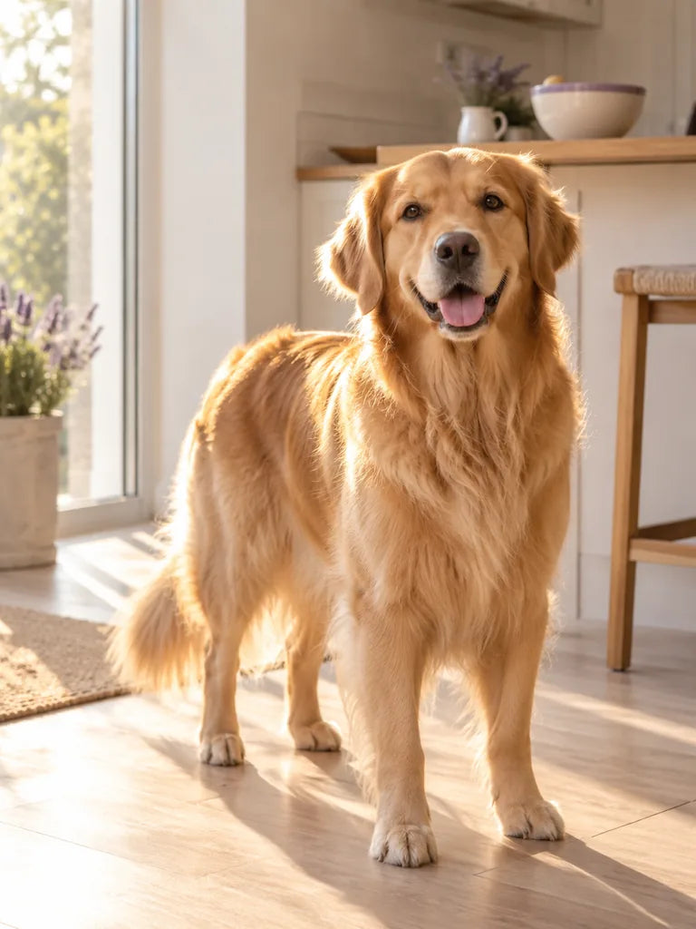 A golden retriever with a glossy coat standing in warm sunlight