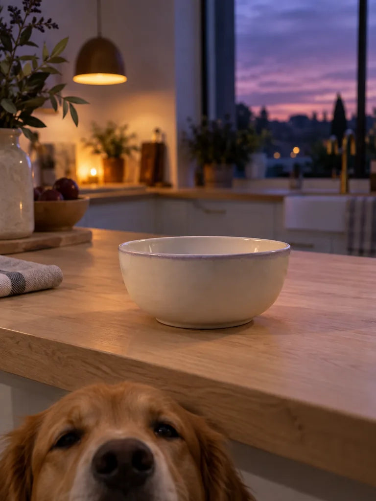 An empty ceramic bowl on the kitchen counter at dusk, a golden retriever waiting for tomorrow