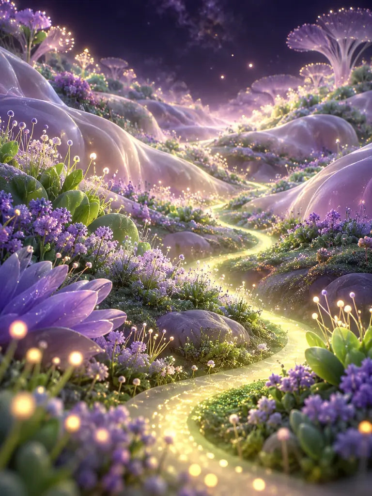 An illustrated glowing landscape of lavender and green flora, picturing a happy gut microbiome