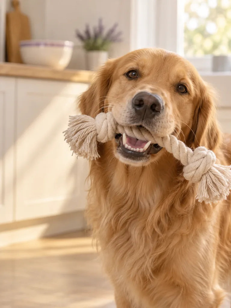 A happy golden retriever chewing a rope toy, showing healthy teeth