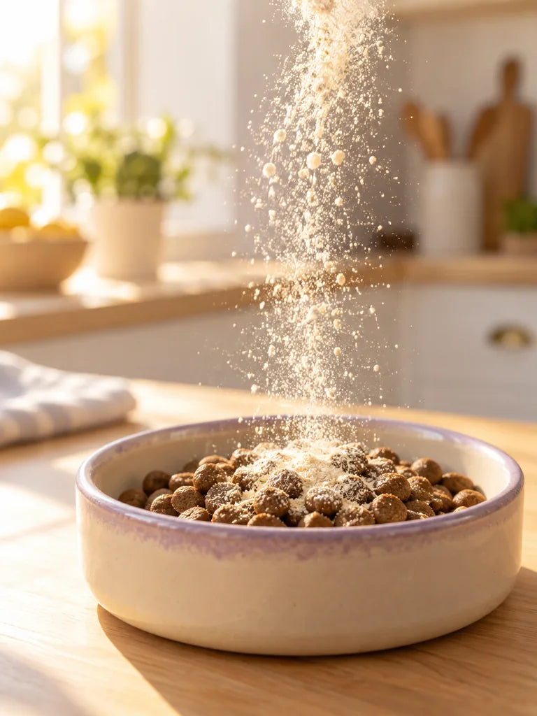 Fine powder sprinkling in slow motion onto kibble in a ceramic bowl